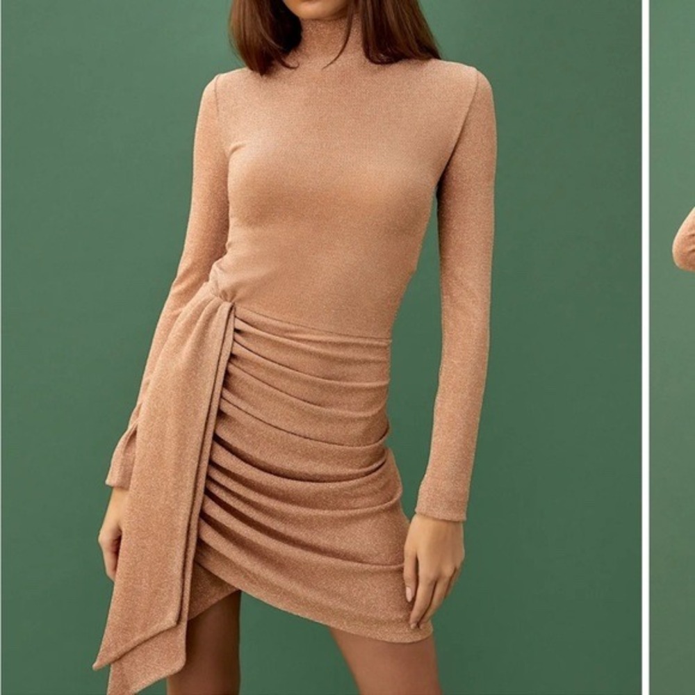 Reformation Paprika Dress Rose Gold Metallic Ruched Mock Neck Mini XL
